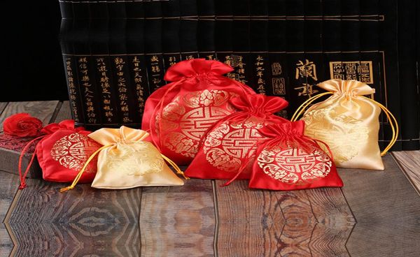 50 Stück traditionelle chinesische Satin-Beutel mit Kordelzug, Geschenkhalter, XI-Beutel für Hochzeitsfeier, Süßigkeiten-Beutel, Geschenk-Paketbeutel, Rot oder Gold9000484