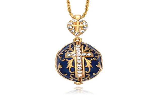 test Gioielli Smalto Fatto a mano Pasqua Gesù Croce Faberge Uovo Ciondolo Fascino Collana di strass di cristallo piercing Regalo per le donne1816235