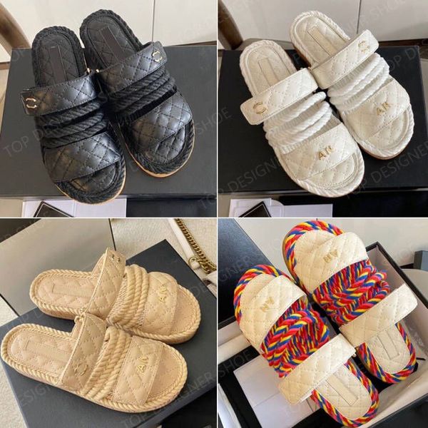 Clássico couro palha plataforma plana slides sandália senhoras patchwork chinelo sola de madeira chinelos de designer de luxo para mulheres sapatos de praia sapato de férias com caixa