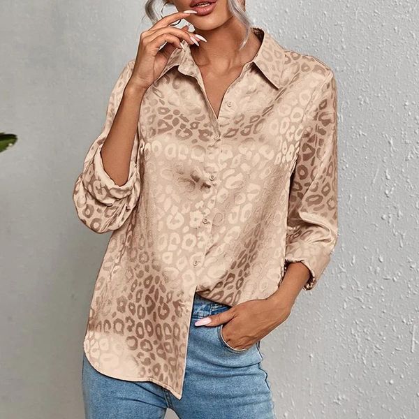 Blusas femininas moda leopardo impressão jacquard blusa feminina elegante senhora do escritório manga longa turn down colarinho botão camisa primavera topos 19169