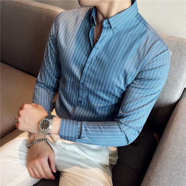 Plus size S-3XL coreano manga longa listrado camisas roupas masculinas simples fino ajuste negócios casual escritório blusa homme 240117