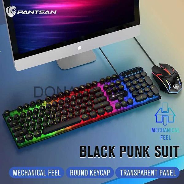 Tastaturen Pinson Punk-Tastatur mit runder Tastenkappe, kabelgebunden, leuchtend, mechanisches Gefühl, Gaming-Tastatur, Maus-Set J240117