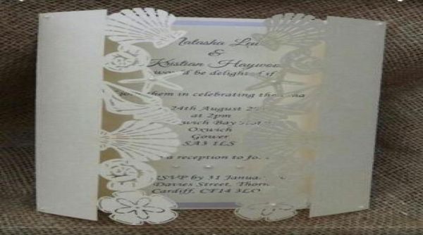 Cartões de convite de casamento romântico oco estrela do mar conchas cartão de convite personalizado para impressão com cartão envelope para 200 P3914791