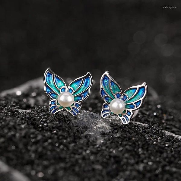 Pendientes de tuerca MeiBaPJ Real S925 plata esterlina perla tailandesa mariposa azul joyería fina de moda para fiestas bodas para mujeres YH