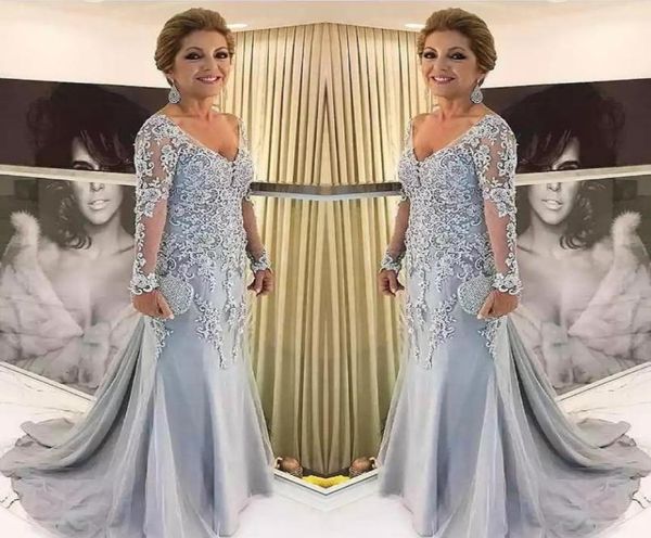 Elegantes Blau-Silber-Kleid für die Brautmutter mit langen Ärmeln 2021, V-Ausschnitt, Abendkleid für die Patin, Hochzeit, Party, Gastkleider, Neu 7813973