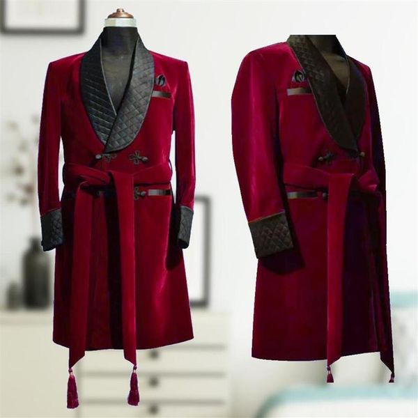 Smoking da uomo in velluto rosso nero soprabito giacca lunga sposo sposo festa cappotto da sposa abbigliamento da lavoro outfit One Suit348l