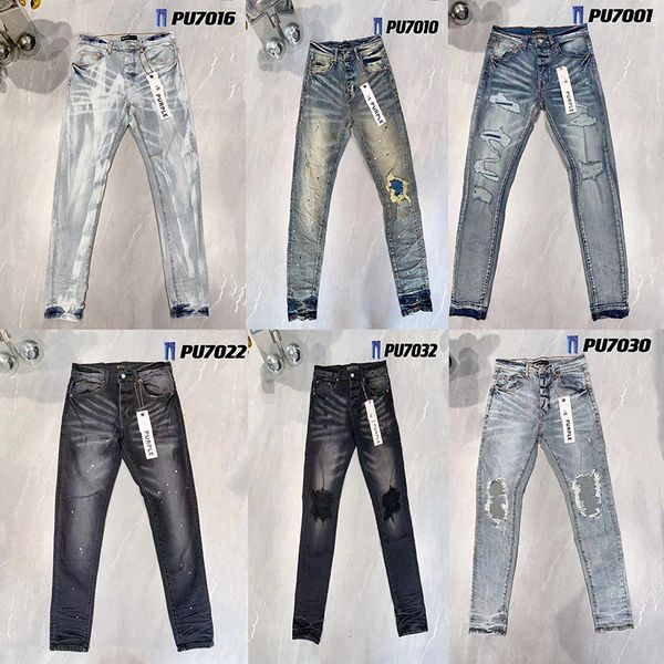 Mens Jeans Roxo Estilo de design elegante e exclusivo com buracos Slim Fit Bikers Denim Jeans Para Homens Moda Mans Preto Slim Fit calças