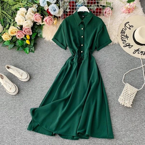 Casual Kleider Kurzarm Button Up Hemd Kleid frauen Koreanische Fee Sommer Süße Büro Spitze Lange Vestido Mujer