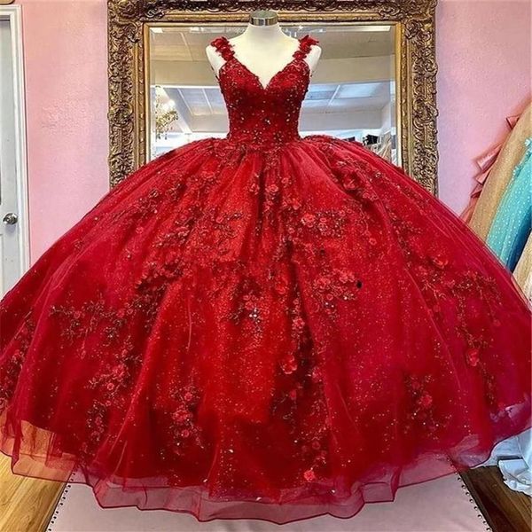 Vestidos de xv a os vestidos quinceanera vermelhos com flores 3d apliques espartilho top frisado vestido de baile doce 16 vestido plus size294f