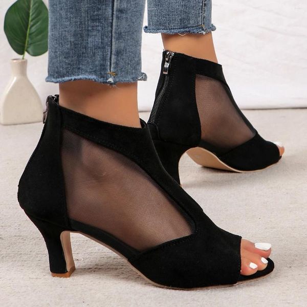 Kleidschuhe 2024 Sommer gebürstetes Leder Fischmaul Sandalen Frauen Zurück Reißverschluss Sexy Feste Farbe Bequeme High Heel Single