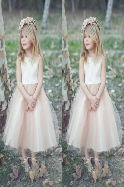 Boho 2016 Avorio Blush Pink Taffetà Flower Girls Abiti per matrimoni Economici Gioiello Lunghezza tè Abito da festa di compleanno Custom Made Cina 9506106