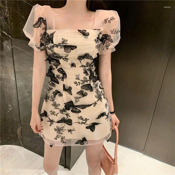 Vestidos casuais mulheres gola quadrada borboleta saia verão malha puff manga vestido vestido de mujer femme robe