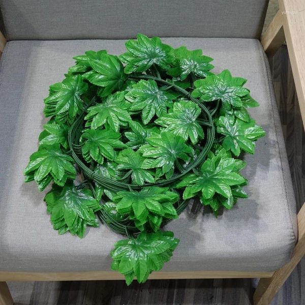 Flores decorativas planta artificial verde hera folha guirlanda de seda parede pendurado videira diy falso rattan 2m maple decoração para casa
