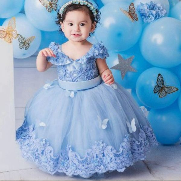 Skyblue Blumenmädchenkleider Spaghettiträger Perlen Spitze Ballkleid Prinzessin Blumenmädchenkleider für kleine Kinder Geburtstagsparty Kleid Tochter und Mutter Kleid CF005