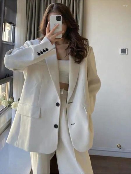 Calças femininas de duas peças elegantes senhoras branco blazer conjunto único-breasted terno jaqueta cintura alta solta casual feminino pant ternos primavera