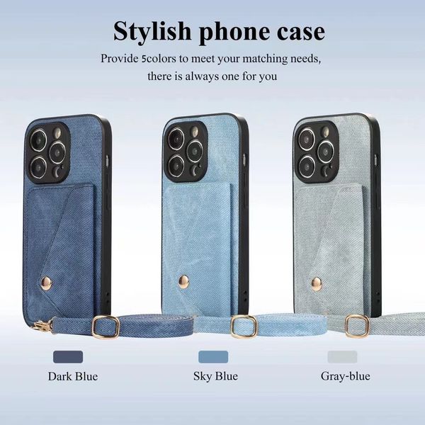 Чехол для телефона через плечо для iPhone 11-15 Serials, кожаный чехол для телефона с джинсовой текстурой премиум-класса, с отделением для карт и ремешком для шнурка