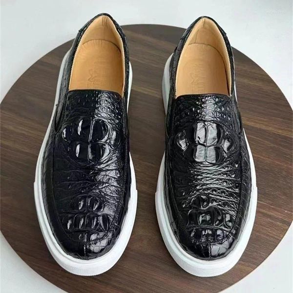 Kleidschuhe Authentische exotische Krokodilhaut, klassische schwarze weiße Farbe, weiche Herren-Slipper aus echtem Alligatorleder, männliche Slip-on-Flats