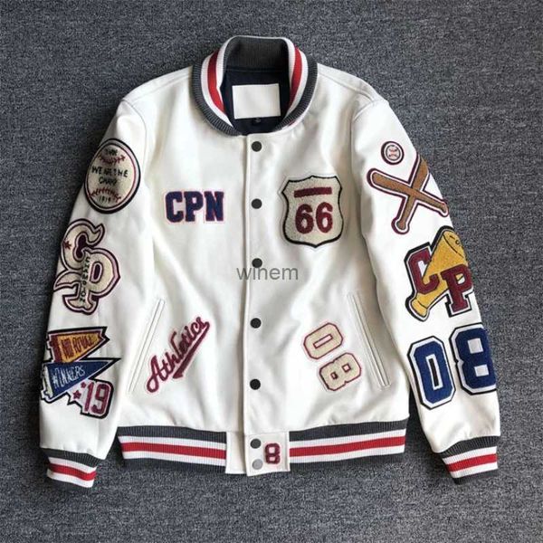 Herrenjacken Weiße Baseballuniform mit Stickerei aus mehreren Buchstaben, Herren-Baseballuniform im explosiven Stil, Retro-Lederjacke, Schwerindustriemantel