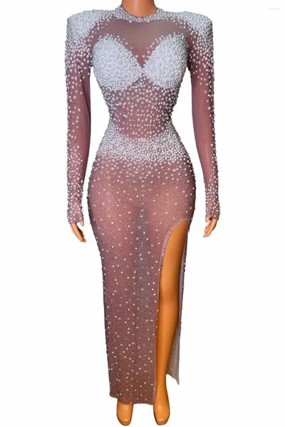 Palco desgaste mangas compridas perspectiva brilhante pérolas strass sexy split vestido para mulheres noite festa roupas trajes cantor