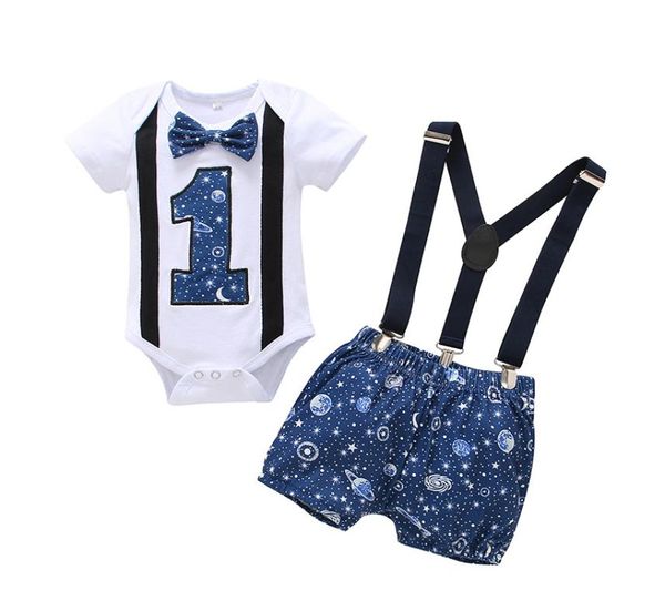 Babykleidung für Jungen zum 1. Geburtstag, Babykostüm für Jungen, 1. Gentleman mit Krawatte, Strampler, Träger, Shorts, Kleinkind-Babykleidungsset, Outfits 25807330059