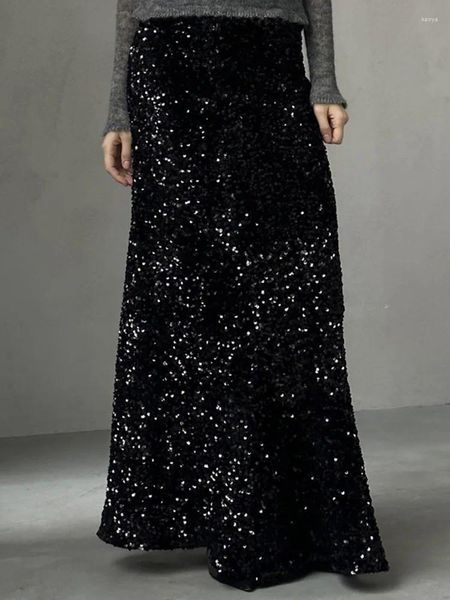 Gonne 2024 Anno All Match Gonna con paillettes Chic Donna Slim Fit Dritto Nero Lungo Elegante Solido femminile alla caviglia