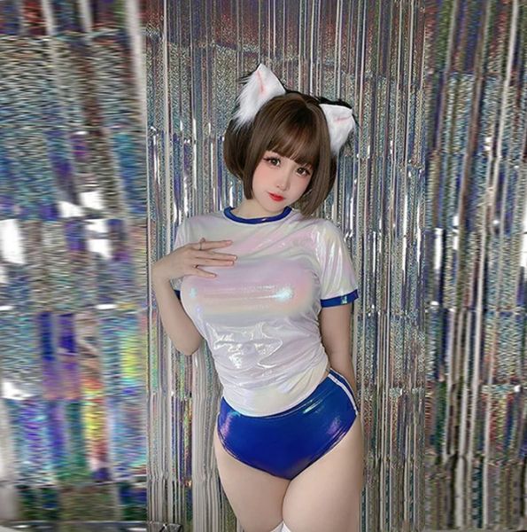 Pantaloni a due pezzi da donna Ginnastica Laser in pelle verniciata Uniforme cosplay Giappone Lolita Ragazza Tuta da palestra Abbigliamento sportivo Pantaloncini da donna sexy T-shirt