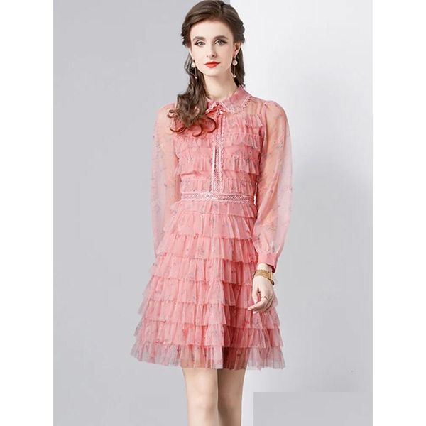 Basic Casual Dresses Basic Casual Dresses A Line Sweet Pink Print Ruffle Elegant For Women Revers Long Sleeve High Waist Dress Femal Dhxom