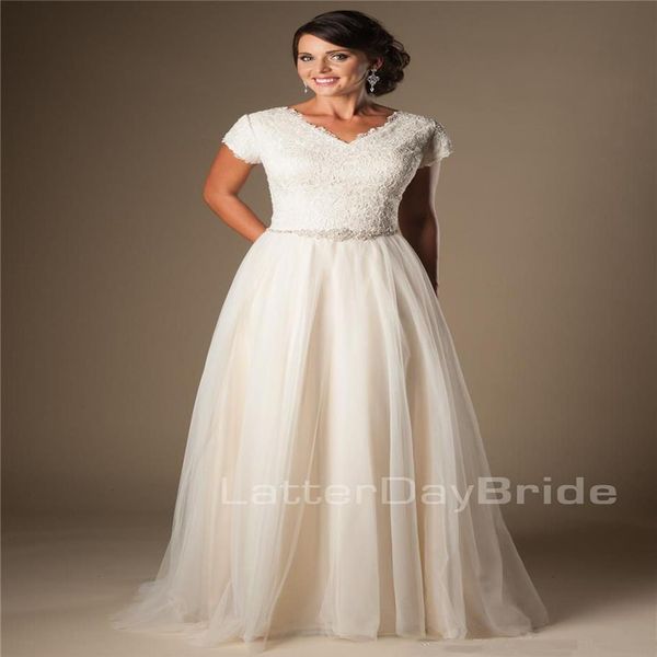 Modesto champanhe mangas curtas vestidos de casamento boné mangas v pescoço botões rendas tule vestidos de noiva a linha barato vestidos de casamento317q