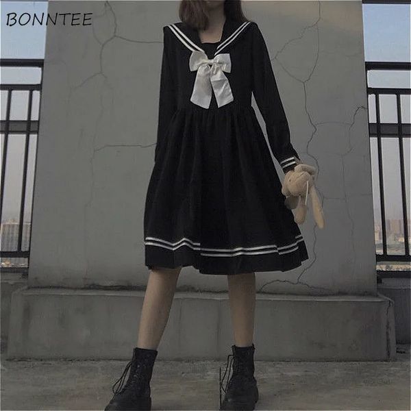 Elbiseler Kadınlar Yay Patchwork Gevşek A-Line Moda Diz Uzunluğu Sevimli Empire Preppy Style Ins Denizci Yakaları Japonca All-Match Black 240117