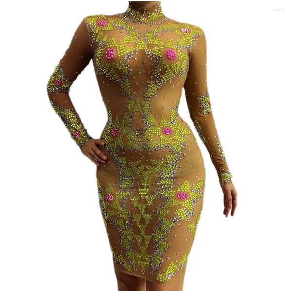 Palco desgaste mangas compridas nude brilhando strass ouro sexy bainha vestido para mulheres boate festa roupas cantor trajes clube