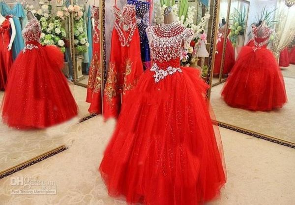 Luxus Weihnachten Mädchen Pageant Kleider Flügelärmeln Große Perlen Kristalle Party Kleider Für Mädchen Tüll Rote Blume Mädchen Kleid Real Im4541625