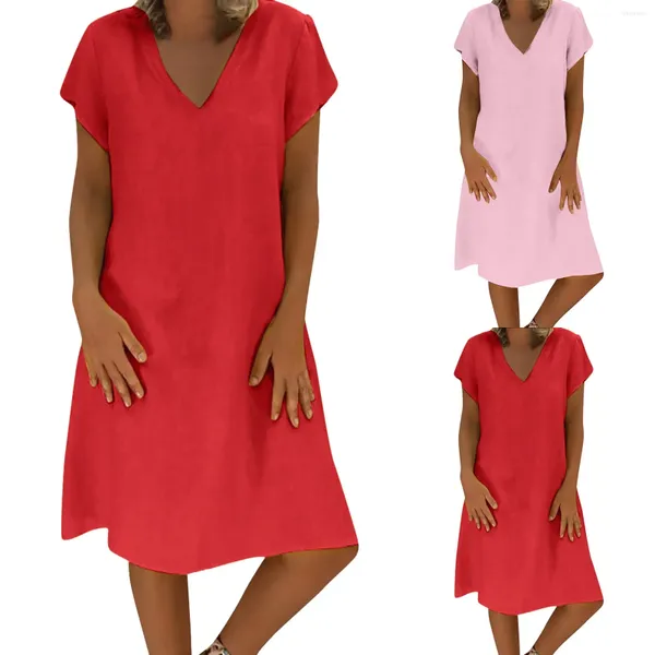 Freizeitkleider Lässiges Damenkleid aus Baumwolle mit einfarbiger Passform und kurzen Ärmeln und V-Ausschnitt