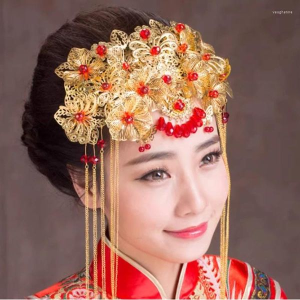 Grampos de cabelo Traje Vermelho Casamento Nupcial Jóias Estilo Chinês Phoenix Crown