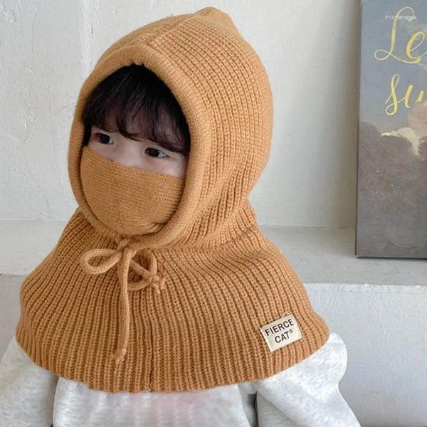 Berets Winter Nette Bär Ohr Baby Mit Kapuze Hut Koreanischen Stil Warme Gestrickte Schutz Balaclava Cap Kinder Mädchen Jungen Ein stück Schal