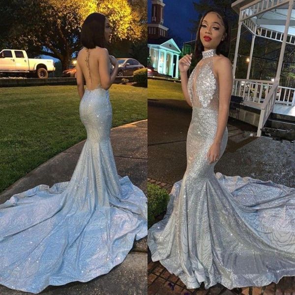 Sparkly Silver Sexy High Neck Mermaid Prom Dresses 2020 Lange Spitze Pailletten Perlen Rückenfreie schicke Abendkleider Formale Party Dress201V