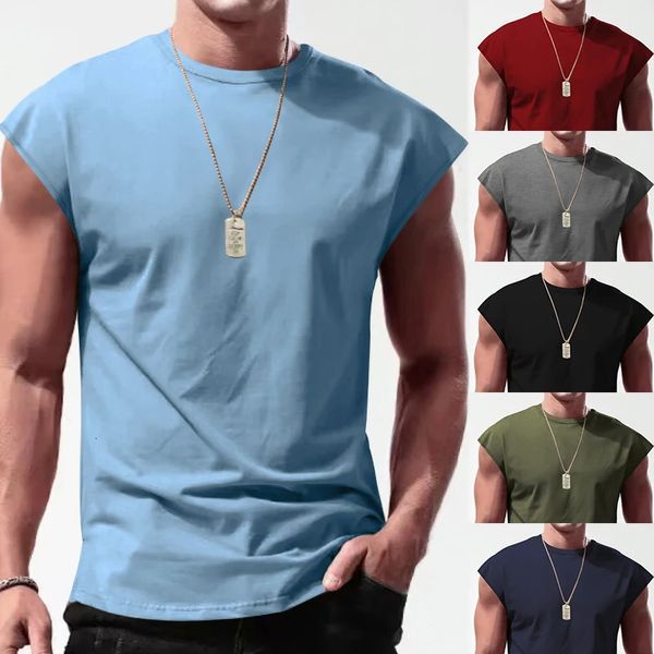 Erkekler kolsuz katı yelek üstleri sıradan spor spor salonu kas tişört tişört tişört düz renkli yuvarlak boyn