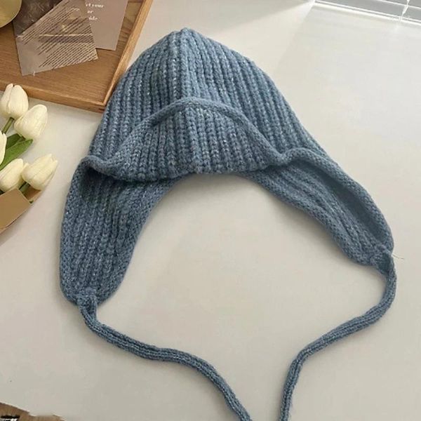 Berets Handmade Crochet Balaclava Chapéu para Feminino Doce Orelha Muff Cap Tricô Pulôver Inverno Beanie Mulheres Acessórios