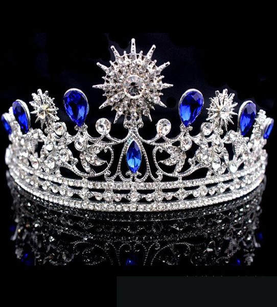 Retro kraliyet mavisi düğün taç tiara başlık balo quinceanera parti giymek kristal boncuklu kabarık yarım saç süsleri gelin jewe2309302
