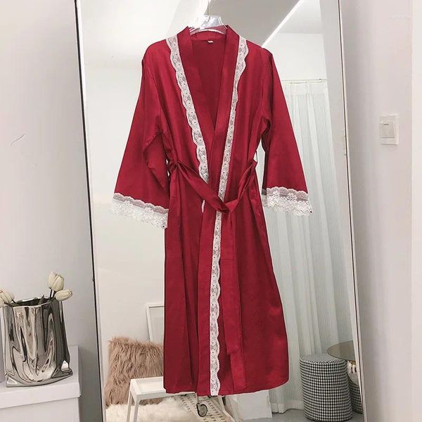 Damen-Nachtwäsche, V-Ausschnitt, Bademantel, Schlafkleid, Eisseide, Nachthemd, Robe, Damen-Nachthemd aus Spitze, Heimkleidung, Sommer-Kimono-Morgenmantel