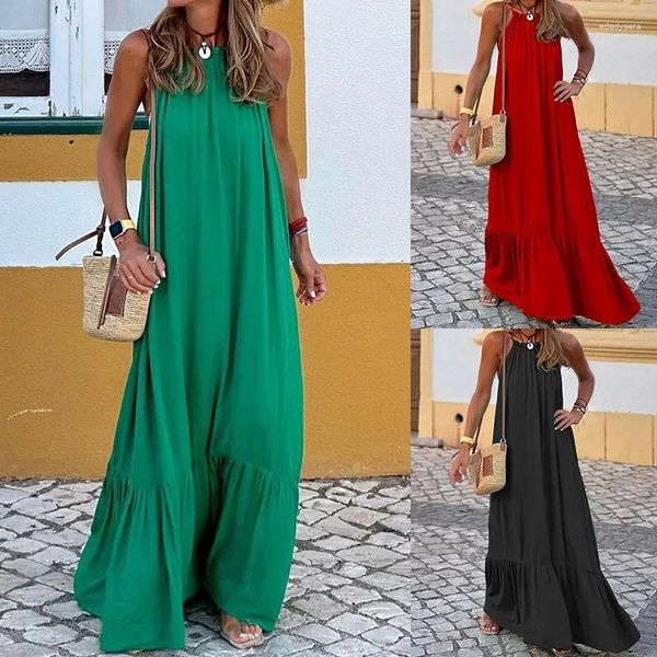 Vestidos casuais 2024 sem mangas halter mulheres uma linha vestido em torno do pescoço manga cheia regular babados splice sólido solto cintura longa