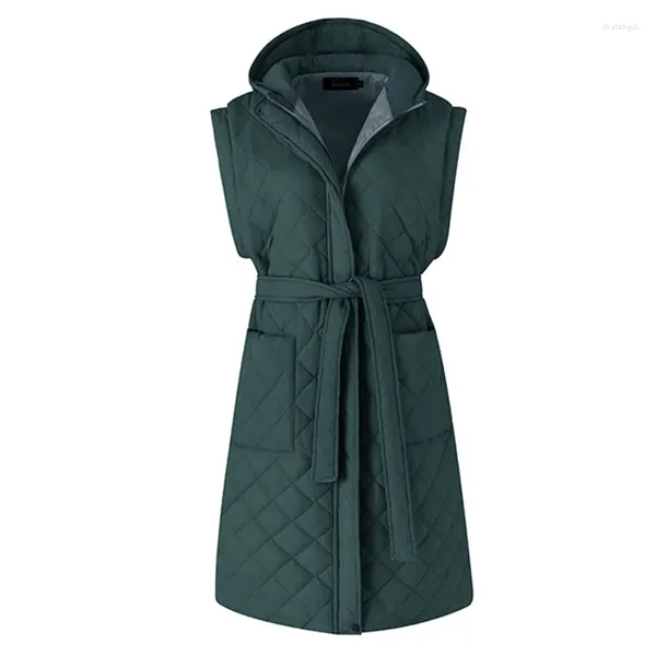 Gilet da donna Donna 2024 Inverno Gilet lungo Cappotto con cintura Moda con cappuccio Addensare Caldo Cerniera Gilet imbottito Giacca casual femminile