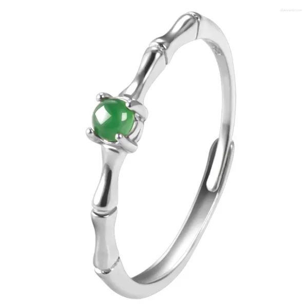 Anéis de cluster 925 prata natural verde jadeite bola contas de bambu anel de sorte s925 certificado ajustável nupcial luxo jade vintage jóias