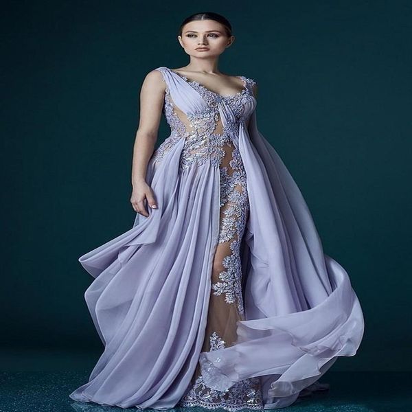 Abiti da sera color lavanda con scollo a V profondo con applicazioni avvolgenti Abito da celebrità trasparente senza schienale Abiti da sera Stupendo chiffon lungo da ballo D276Q