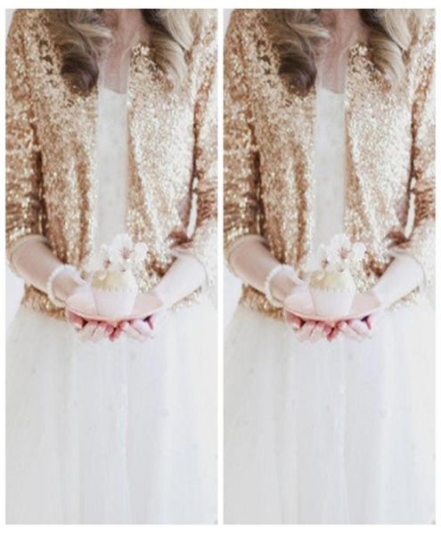 Bling bling lantejoulas manga longa rosa ouro lantejoulas jaquetas de noiva encolher de ombros formal casacos de casamento de alta qualidade boleros casamento accessor5135159
