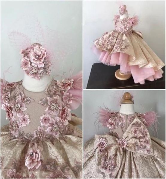 Luxo rosa floral flor menina vestidos para casamento alta baixa pena rendas apliques vestido de festa de aniversário do bebê meninas pageant bola gow7438484