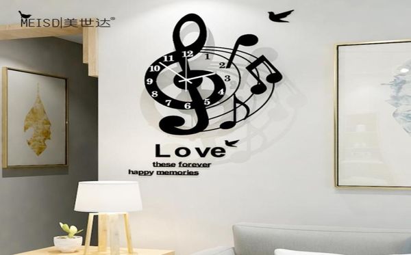 Notas musicais arte criativa grande relógio de parede design moderno 3d moda acrílico relógios sala estar decoração casa 2103106239098