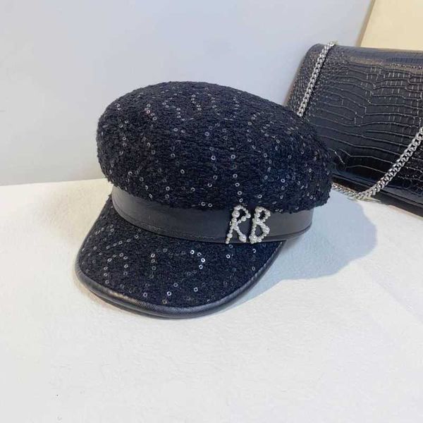 Cappelli da strillone Designer Alla moda Perla brillante Brillante Panno grosso con paillettes Cappello blu scuro Cappello da donna di lusso stile celebrità con lingua d'anatra Cappello ottagonale casual