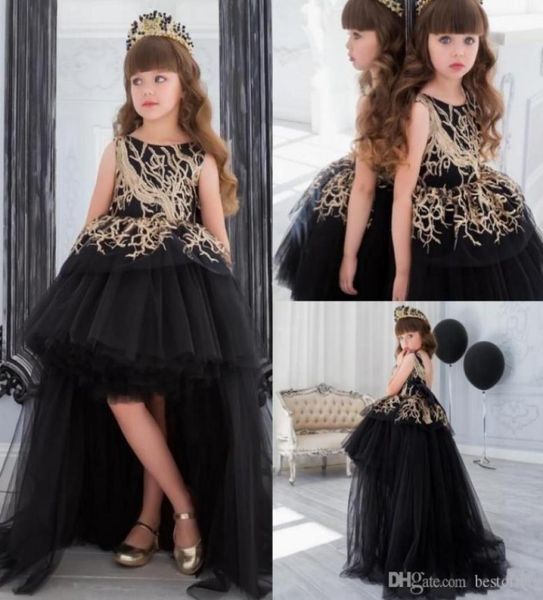 Lantejoulas douradas flor menina pageant vestido com trem preto vestido de baile hi lo meninas vestido de criança em camadas vestidos formais para crianças 9388178