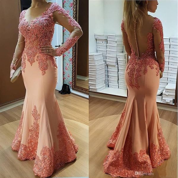 Pêssego rosa sereia mãe da noiva vestidos de manga longa renda frisada formal vestidos de festa de noite para casamento convidado dress324d