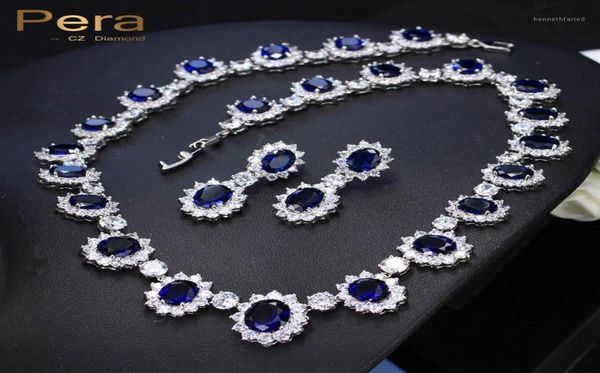 Pera CZ große runde Zirkonia Braut Hochzeit Königsblau Stein Halskette und Ohrringe Schmucksets für Bräute J12618187425